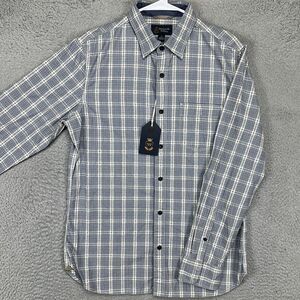 Wallin Bros Button Up Shirt Mens Medium Blue Cream Plaid Long Sleeve Pocket NEW‎